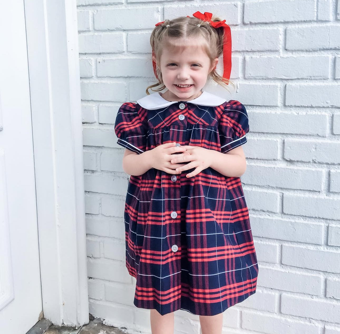 Red and Navy Plaid Smock Dress